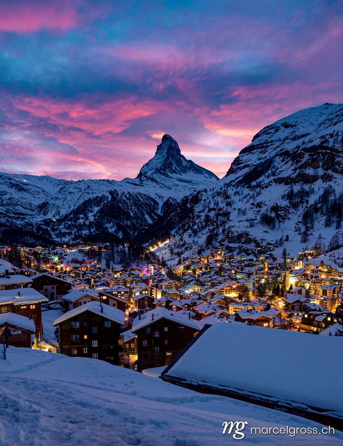 . The village of Zermatt in front of the Matterhorn at a wonderful Sunset in the Swiss Alps. Marcel Gross Photography