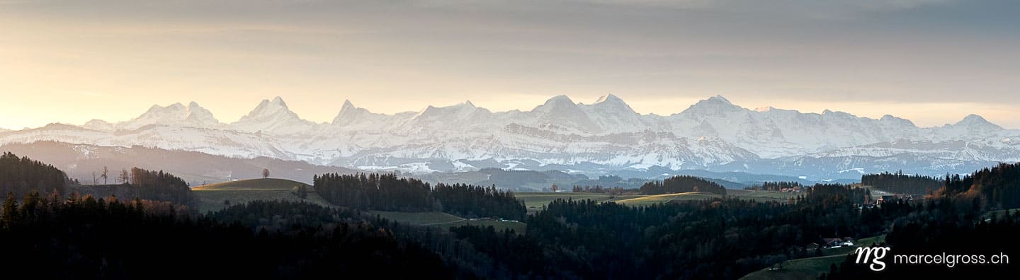 . panoramic view of the Bernese Alps and the hills of Emmental Valley in front. Marcel Gross Photography