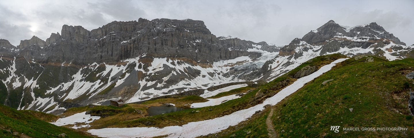 Panoramic view from Fridolinshütte SAC in Glarus Alps. Taken by Marcel Gross Photography