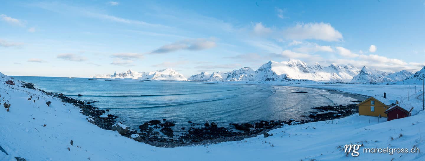 Winter panorama of Kvalvika Beach and Ytresand, Lofoten, Northern Norway. Lofoten Bilder (c) Marcel Gross Photography