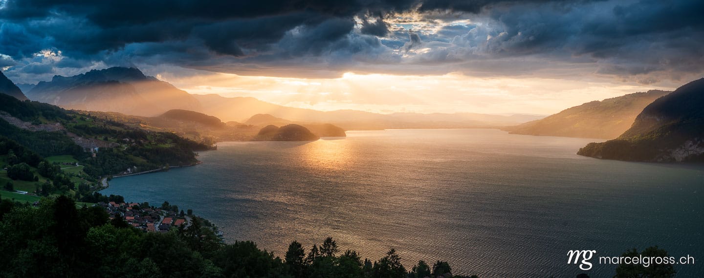 . wonderful sunset panorama over Lake Thun with Stockhorn ridge, Spiez and Faulensee. Marcel Gross Photography