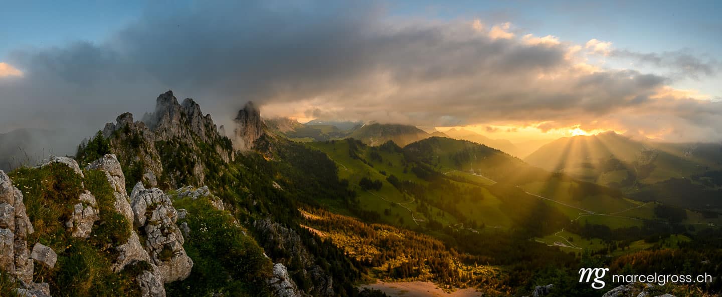 . dramatic sunset panorama at the rugged peaks of Gastlosen in the alpine foothills of Fribourg. Marcel Gross Photography