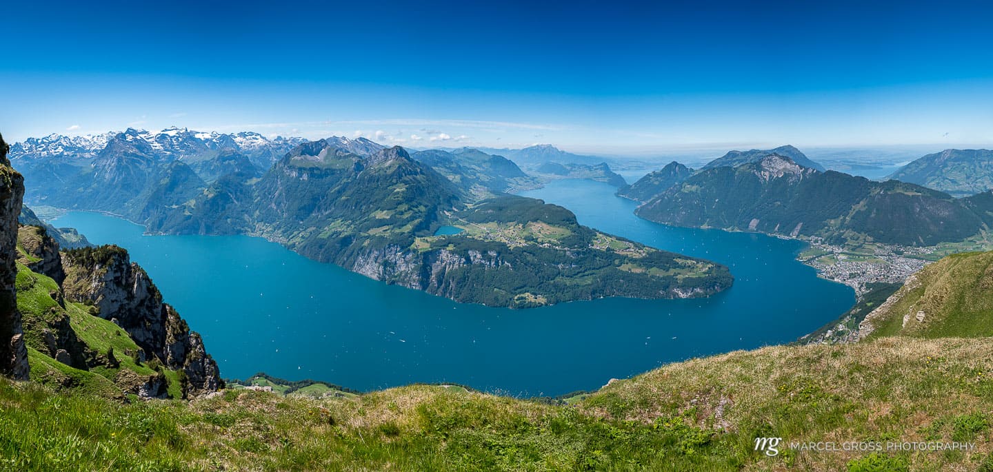 View from Fronalpstock over Morschach, Lake Lucerne, Lake Uri and Seelisberg. Taken by Marcel Gross Photography