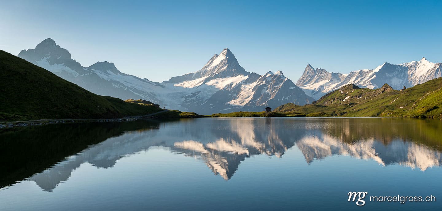 Sommerbild Schweiz. Schreckhorn and Bachalpsee on a beautiful summer morning. Marcel Gross Photography