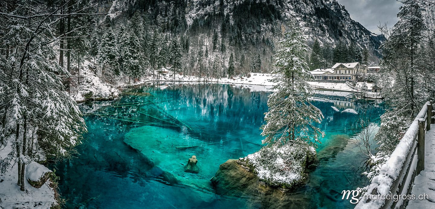 Panoramabilder Schweiz. Blausee im Winter, Kandersteg, Berner Oberland. Marcel Gross Photography