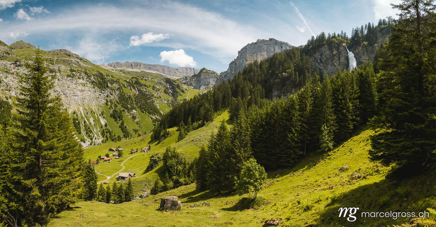 panoramic view of Schächental with Klausenpass and Waterfall Stäuber.  (c) Marcel Gross Photography