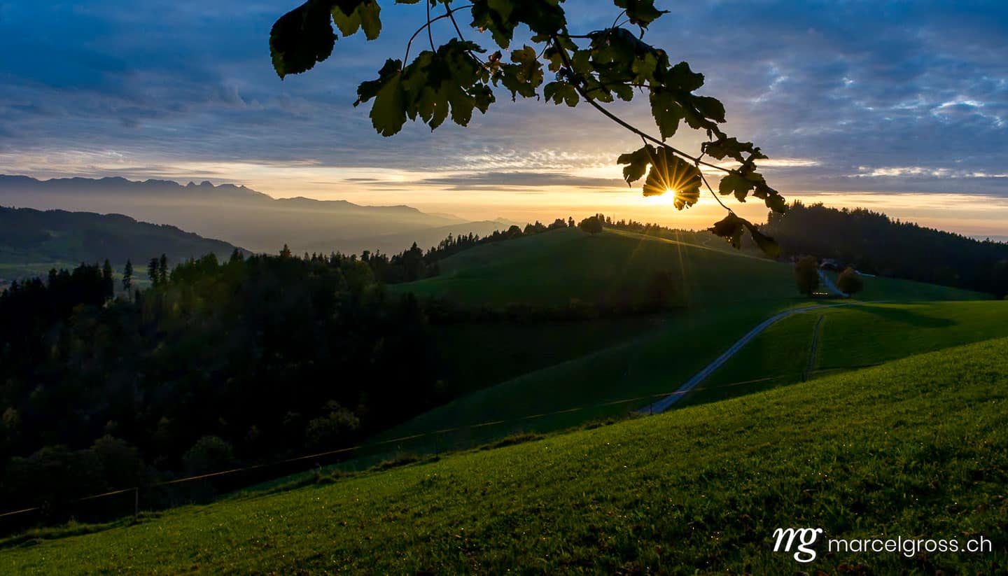 . Ast vor Sonne, Sonnenuntergangsstimmung über dem Emmental und den Voralpen, Aebersold, Schweiz. Marcel Gross Photography