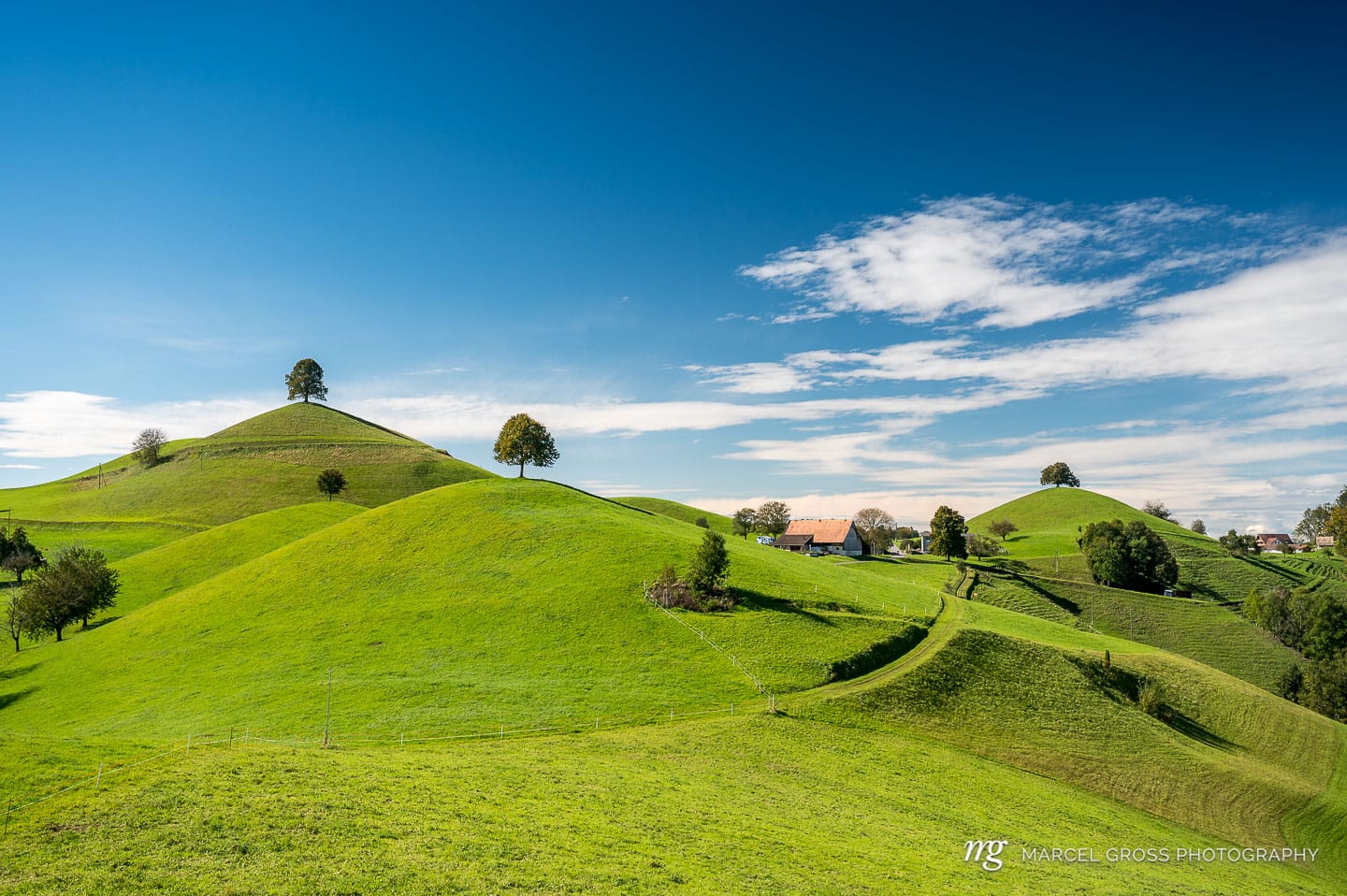 green hills with trees on top against blue sky. Taken by Marcel Gross Photography