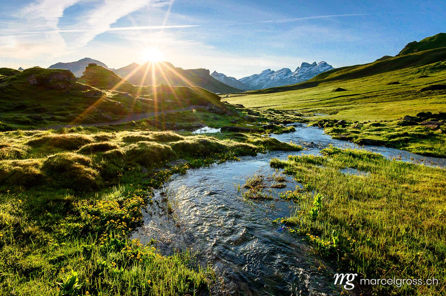 Sommerbilder Schweiz. alpine creek at sunrise with peak of Titlis near Melchseefrutt in the swiss alps. Marcel Gross Photography