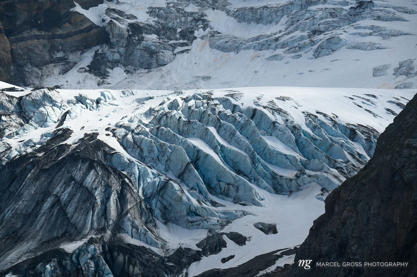 Séracs of Bifertengletscher seen from Fridolinshütte in Glarus. Taken by Marcel Gross Photography