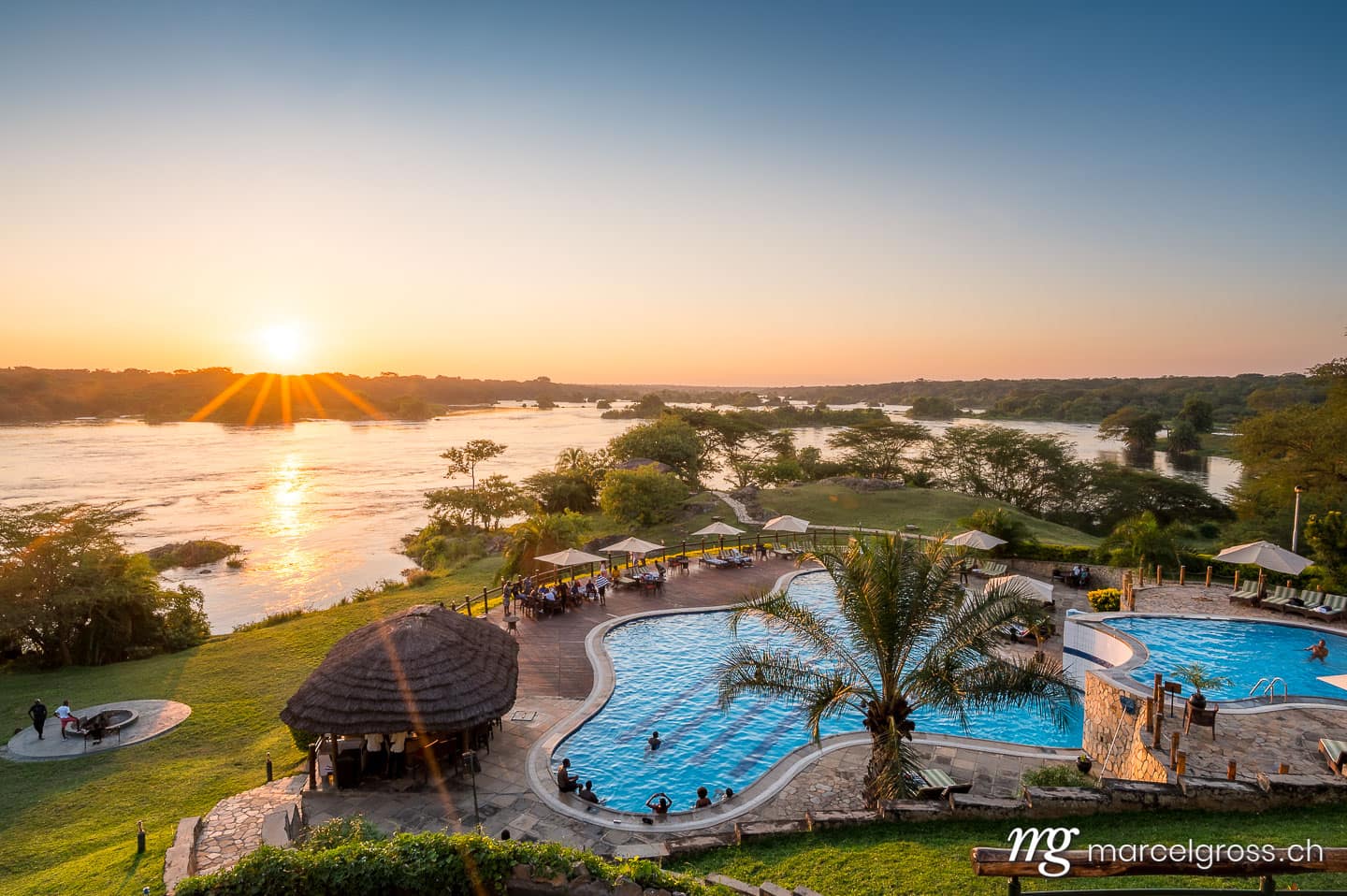 Uganda Bilder. beautiful sunset at Chobe Safari Lodge with Victoria Nile of Murchison Falls National Park, Uganda. Marcel Gross Photography