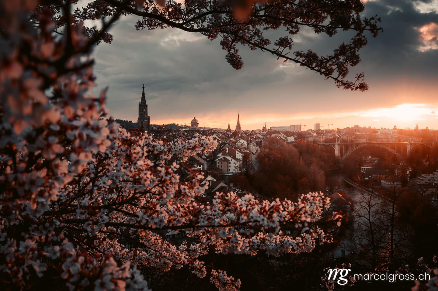 Bern Bilder. dramatic sunset over the oldtown of Bern in spring during cherry blossom. Marcel Gross Photography