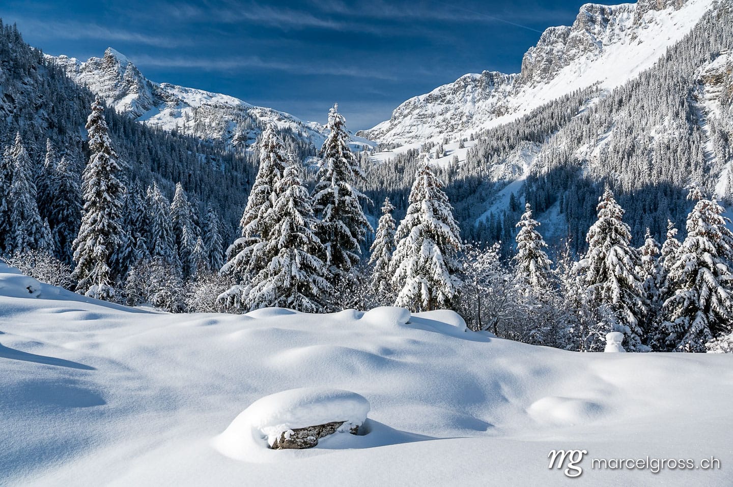 . Pristine winter landscape in Diemtigtal, Bernese Oberland. Marcel Gross Photography
