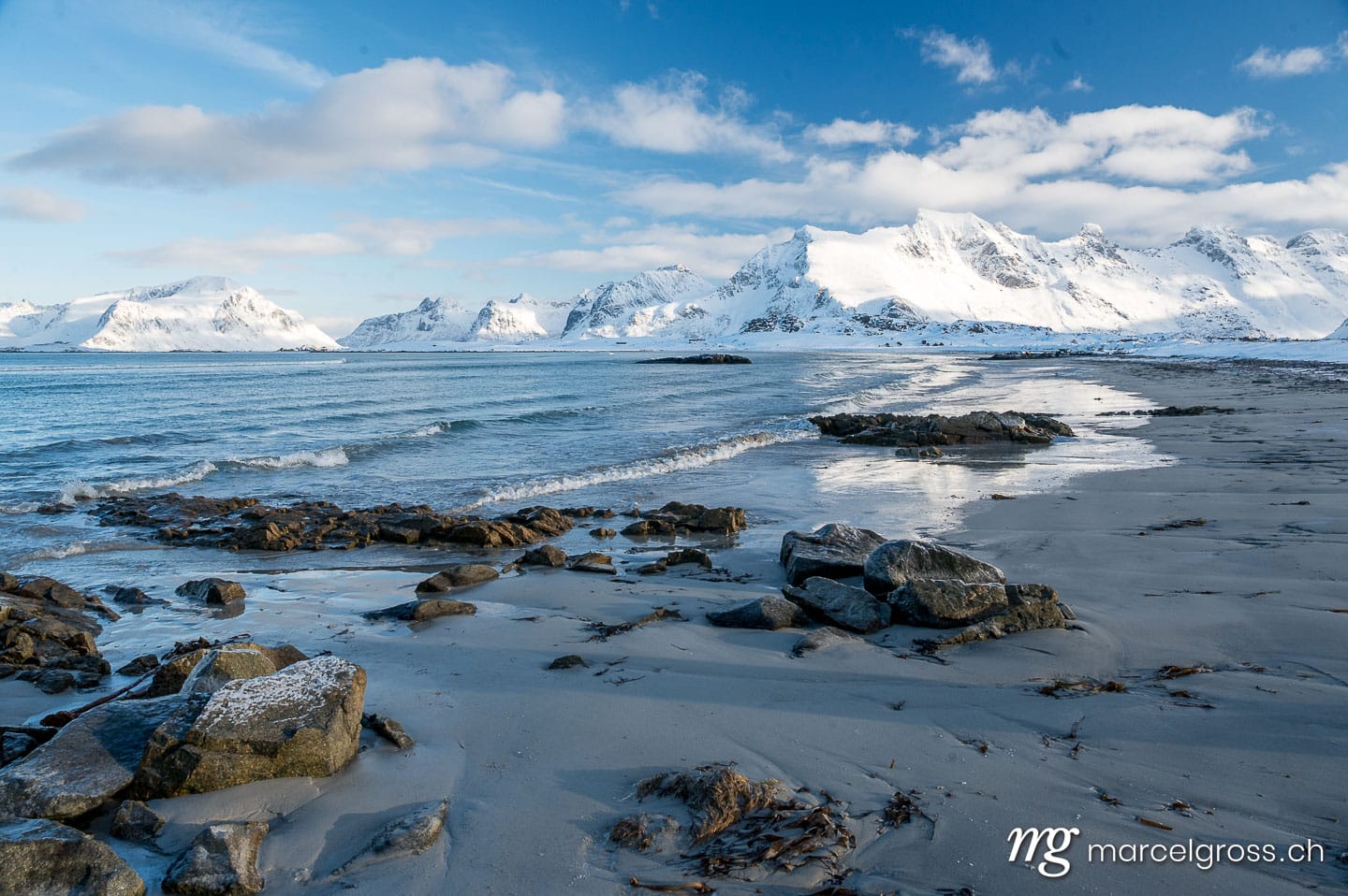 Winter coastal landscape at Kvalvika Beach, Ytresand, Northern Norway. Lofoten Bilder (c) Marcel Gross Photography