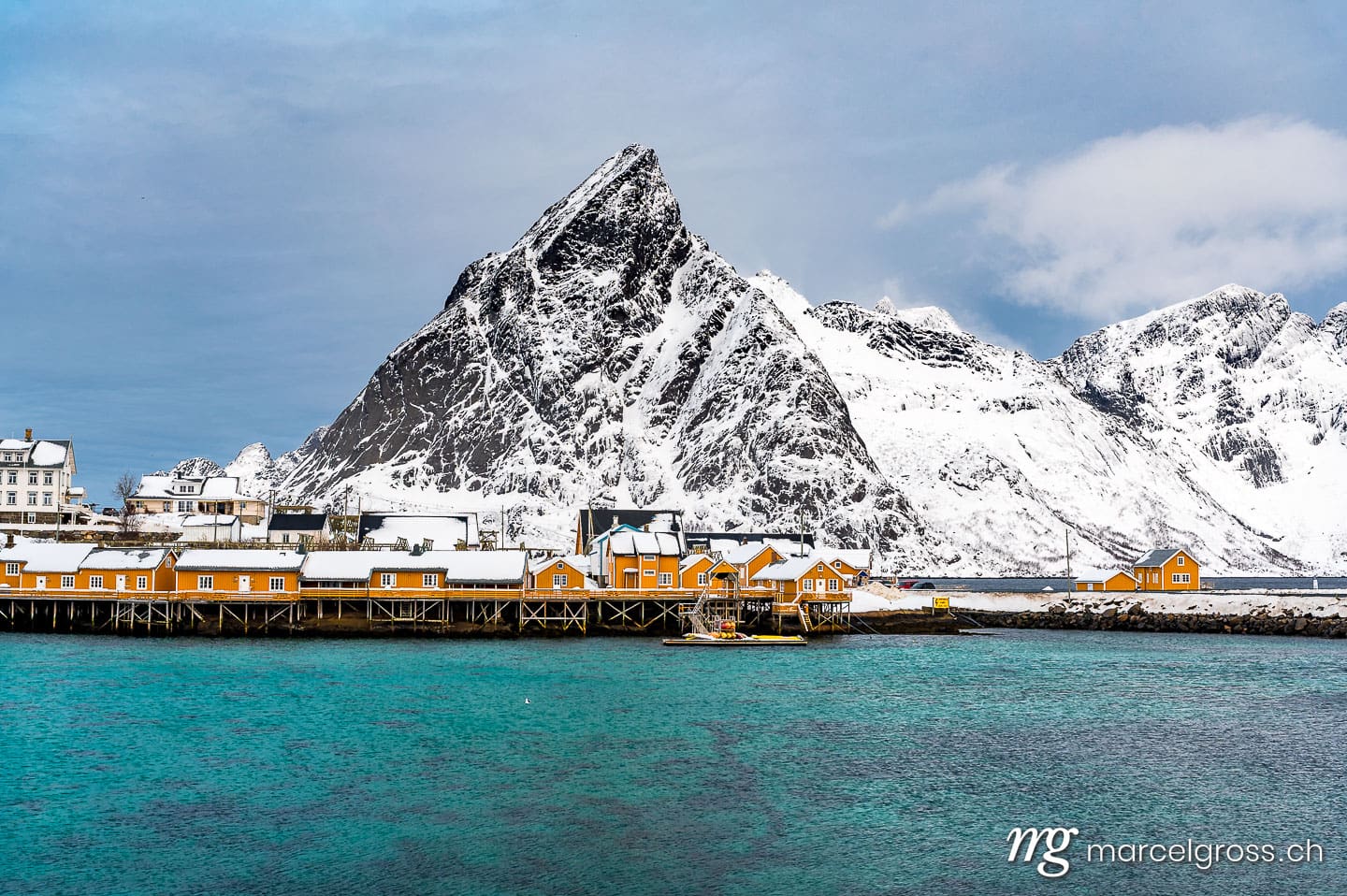Winter view of Sakrisøy fishing village, Lofoten Islands, Northern Norway. Sakrisøy Bilder (c) Marcel Gross Photography