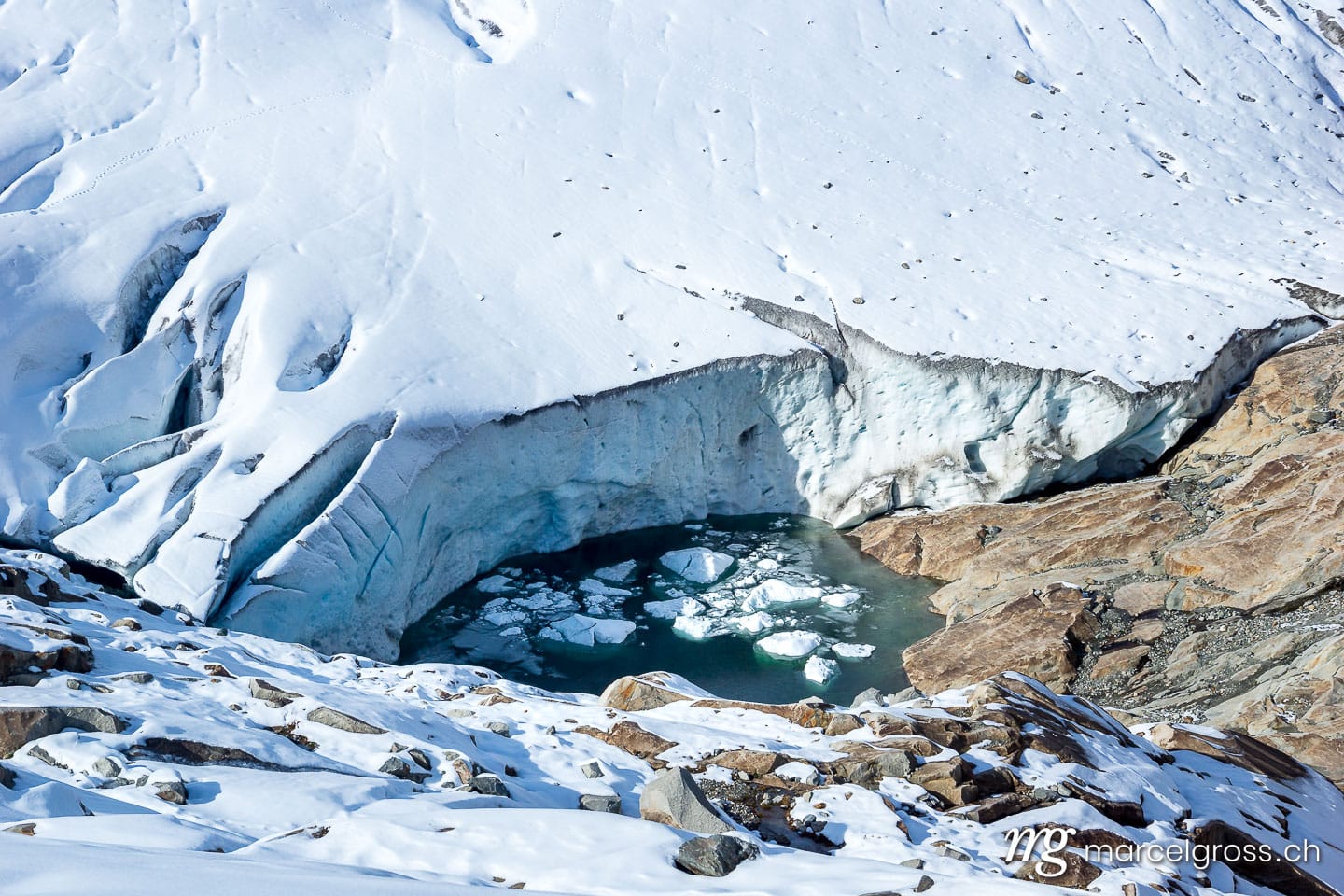 . lake of glacial melt water at Aletschgletscher. Marcel Gross Photography