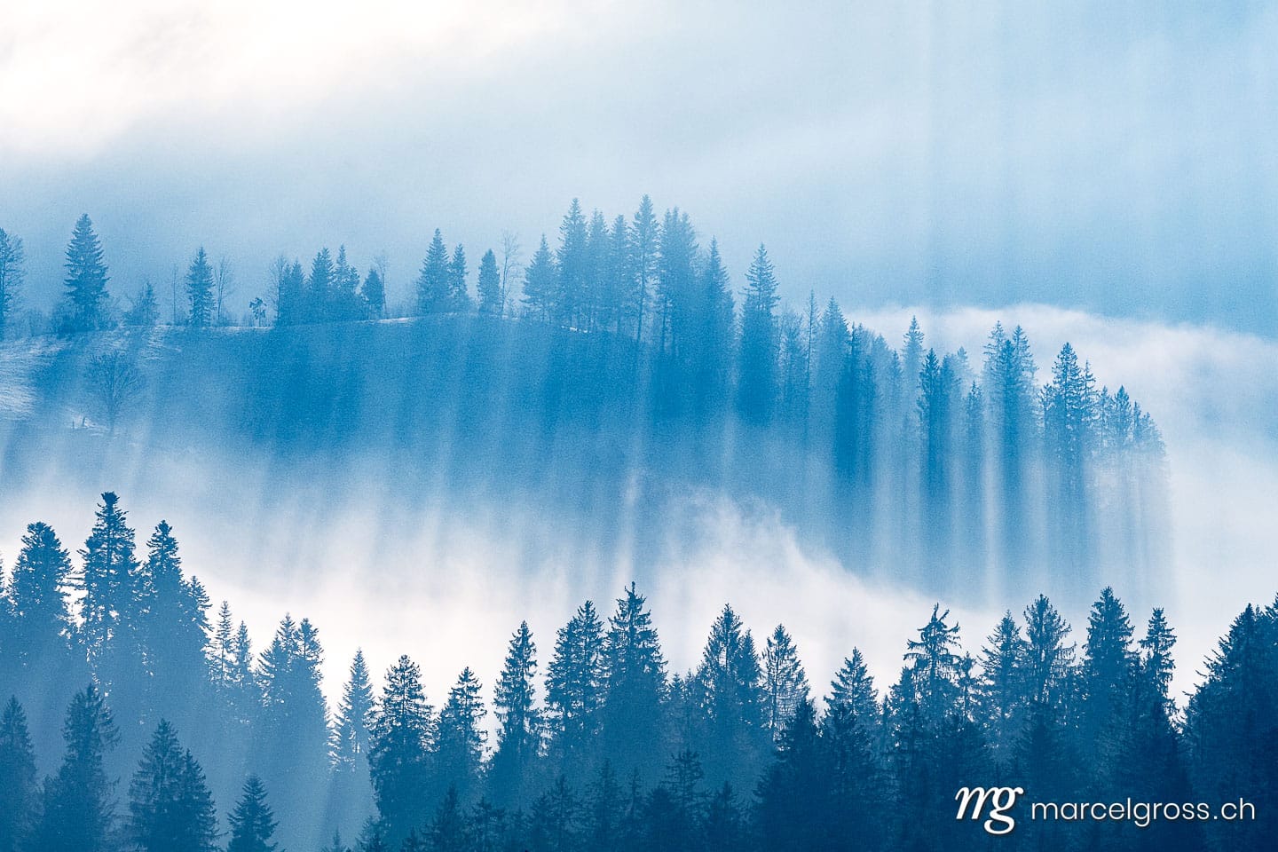 . mystic light in the Emmental forest in winter. Marcel Gross Photography