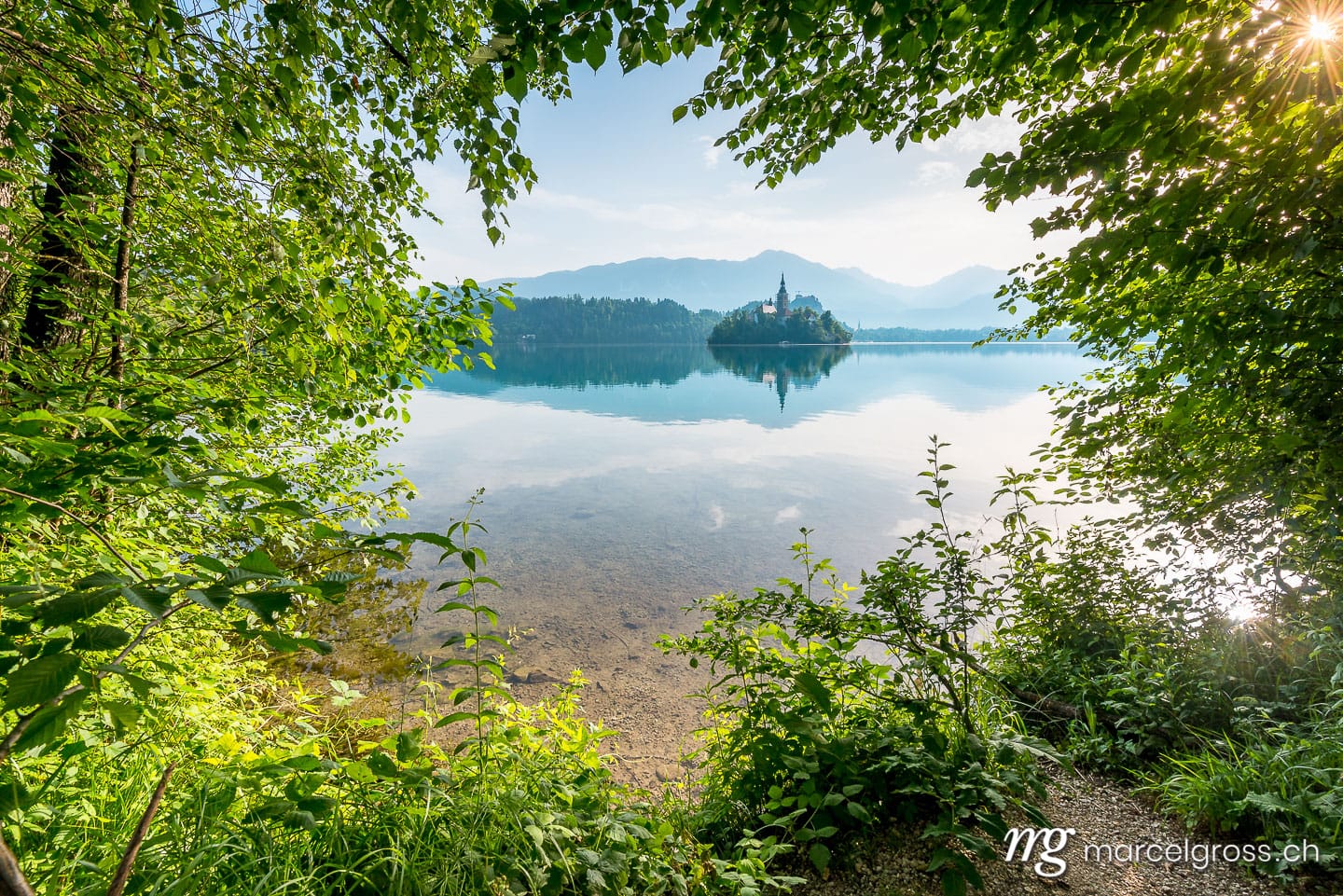 slovenia pictures. church and island in Lake Bled with natural frame of vegetation. Marcel Gross Photography