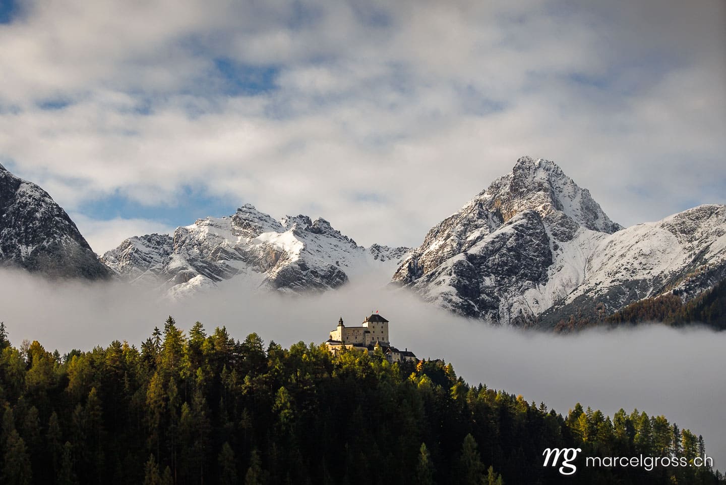 Engadin Bilder. castle of Tarasp near Scuol in Engadin in autumn. Marcel Gross Photography