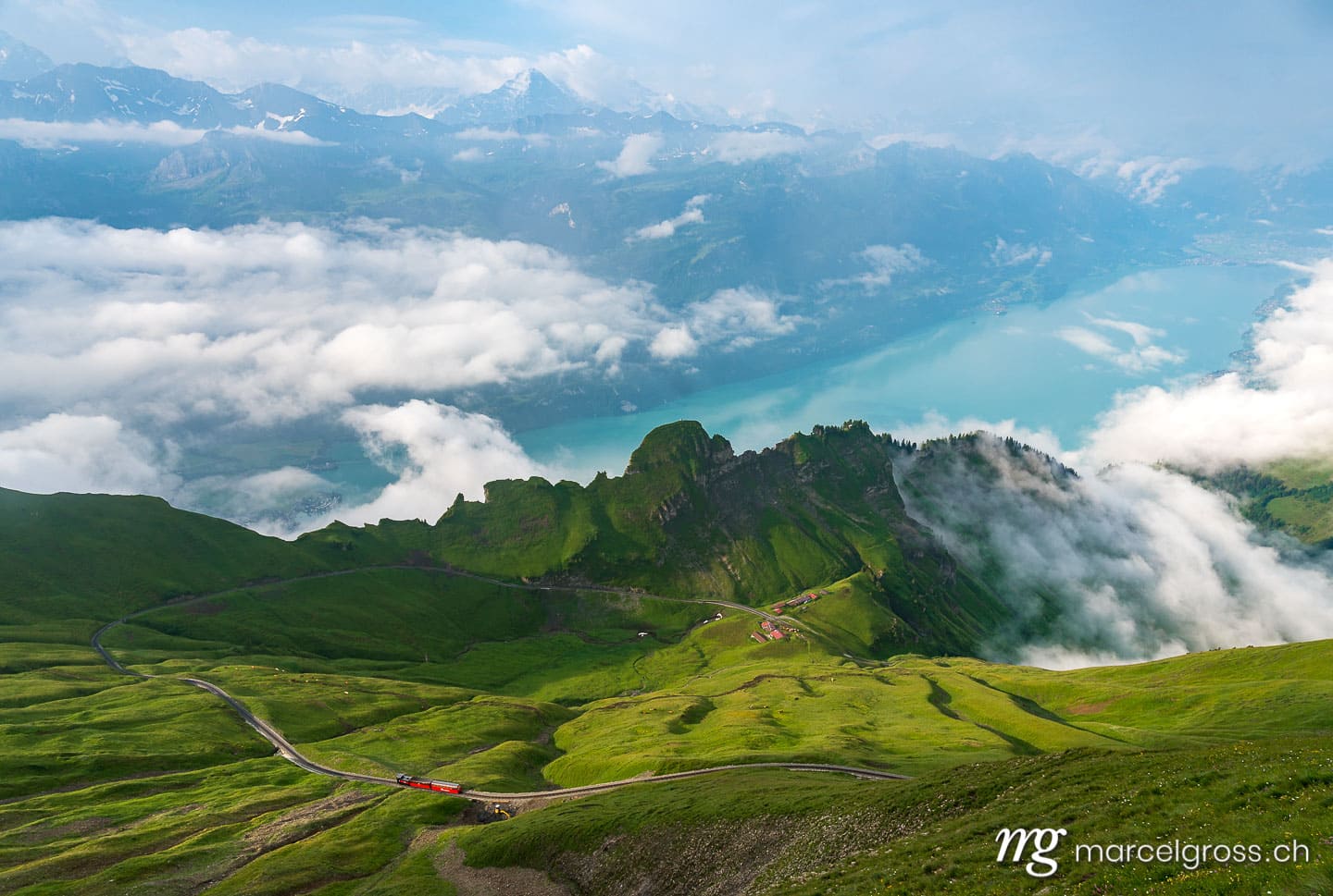 Sommerbilder Schweiz. spectacular view from Brienzer Rothorn over Lake Brienz and Berner Oberland. Marcel Gross Photography