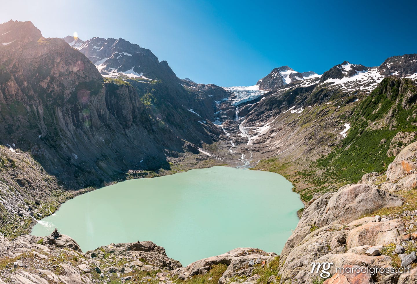 . fast shrinking Trift glacier with lake in summer. Marcel Gross Photography