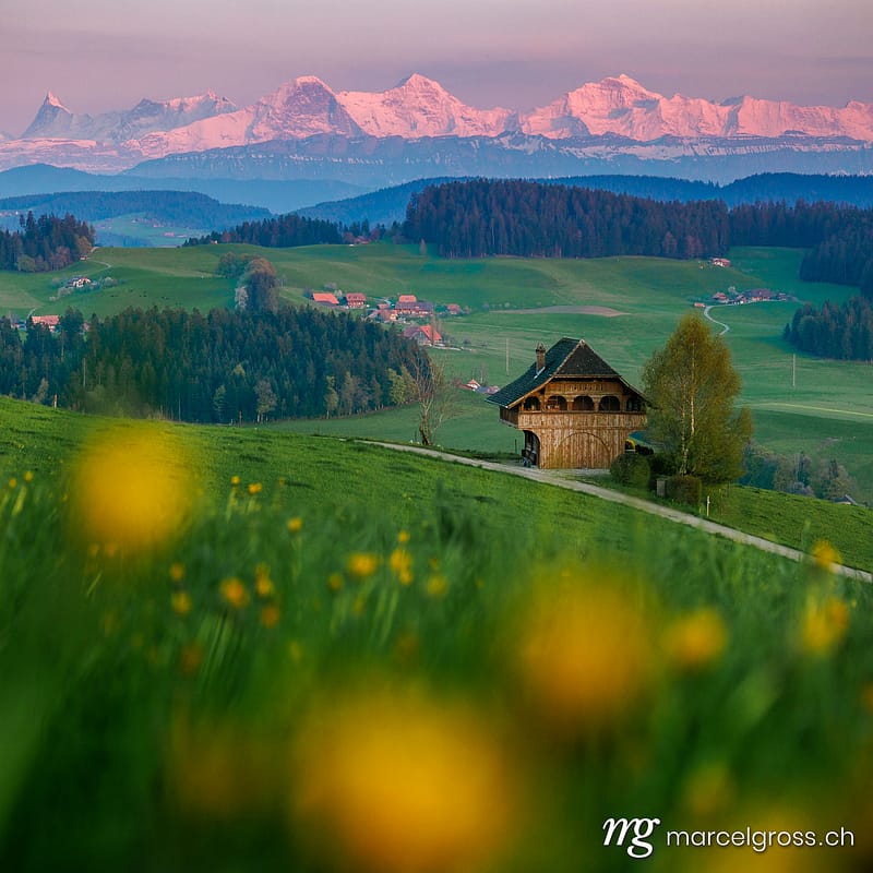 . lonely, tiny farm house in Emmental with views of the Bernese Alps during spring. Marcel Gross Photography