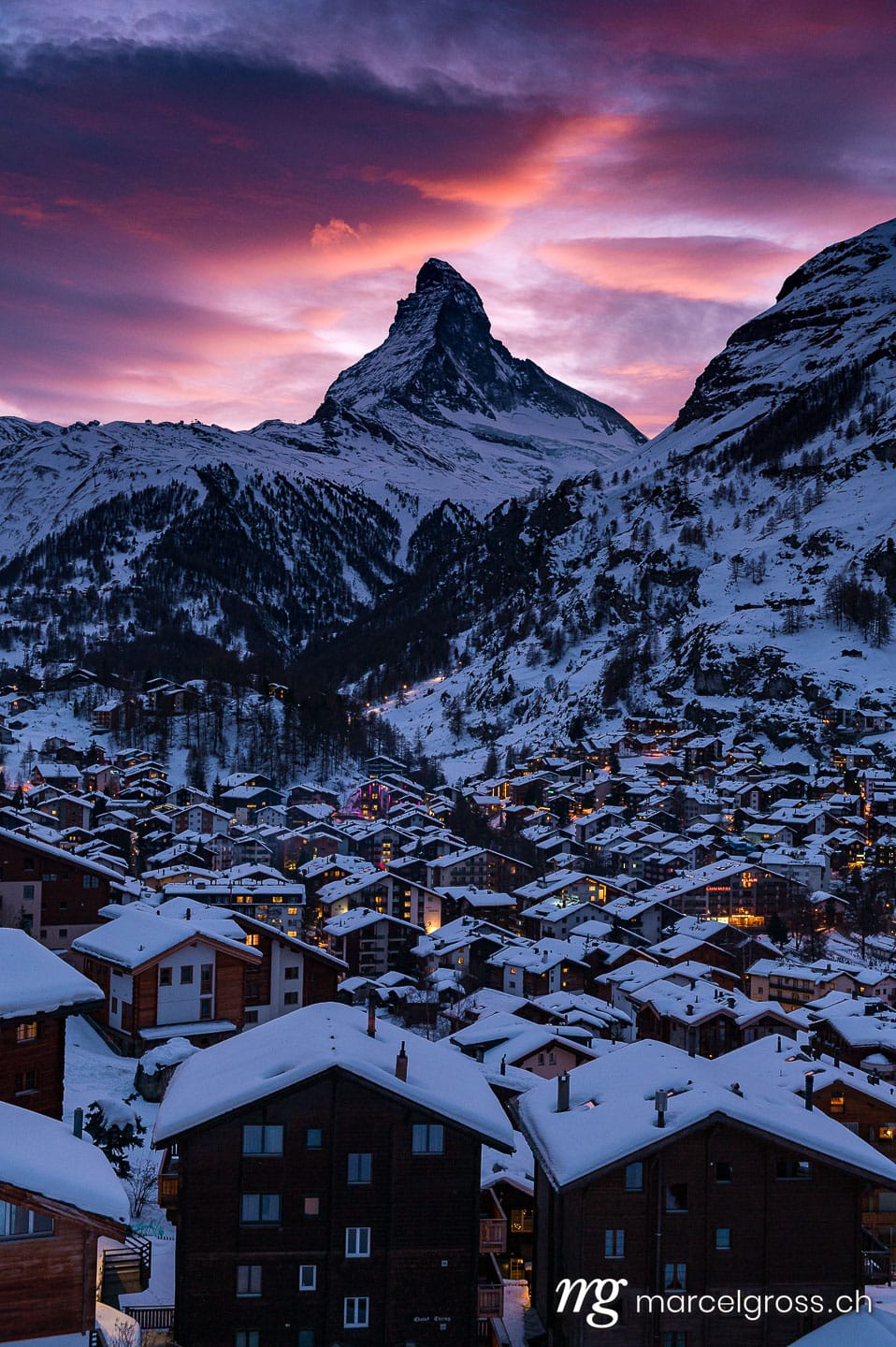 . The village of Zermatt in front of the Matterhorn at a wonderful Sunset in the Swiss Alps. Marcel Gross Photography