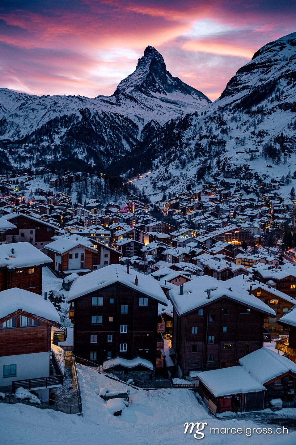 . The village of Zermatt in front of the Matterhorn at a wonderful Sunset in the Swiss Alps. Marcel Gross Photography
