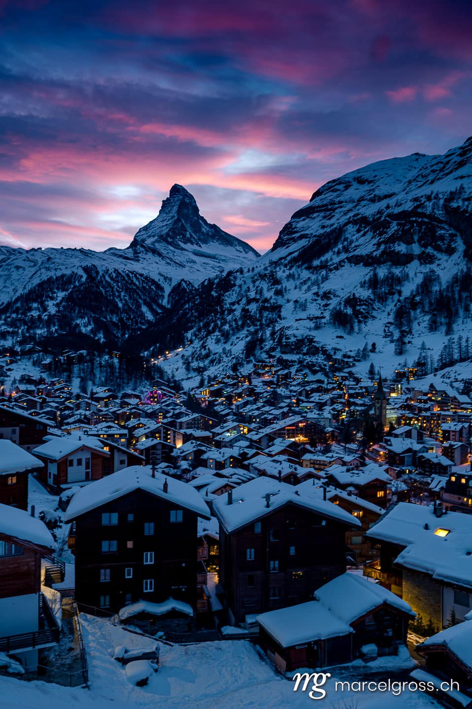 . The village of Zermatt in front of the Matterhorn at a wonderful Sunset in the Swiss Alps. Marcel Gross Photography