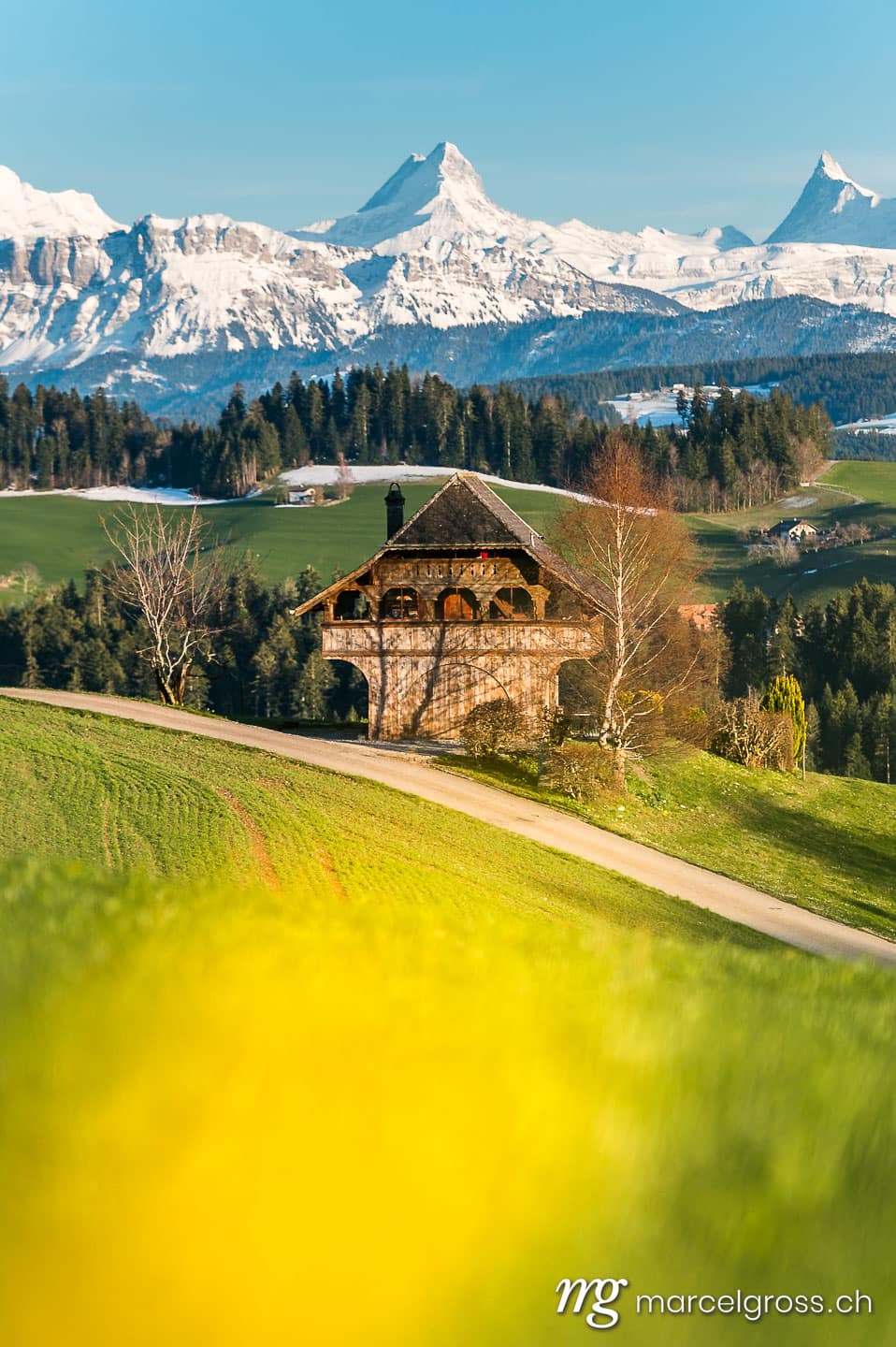 Emmental Bilder. spring in Emmental with the mighty snowcovered Schreckhorn and Finsteraarhorn. Marcel Gross Photography