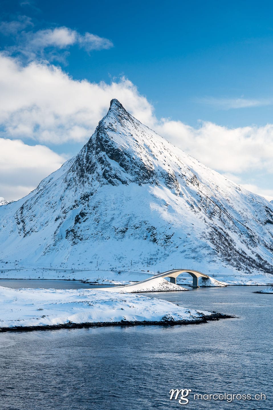 Ytresand Bridge and Snowy Mountain, Lofoten, Northern Norway. Lofoten Bilder (c) Marcel Gross Photography