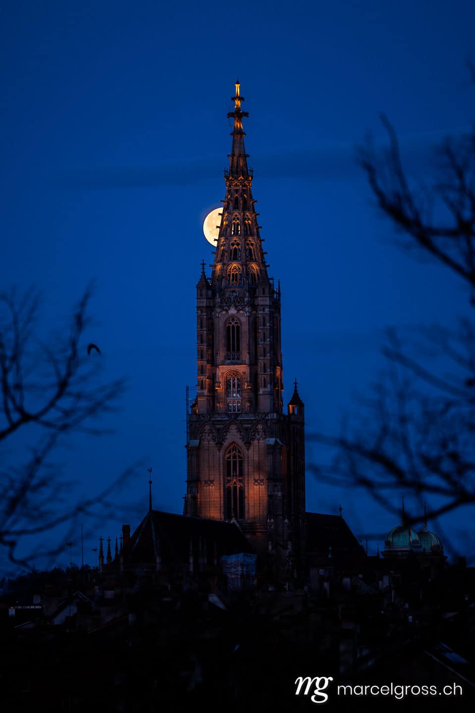 Bern Bilder. Vollmond hinter Berner Münster im Frühling während Kirschblüte. Marcel Gross Photography